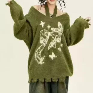 Oversized Velvet Knitted Sweater, Artificial Fur, American Style, Demi-Season, One Size