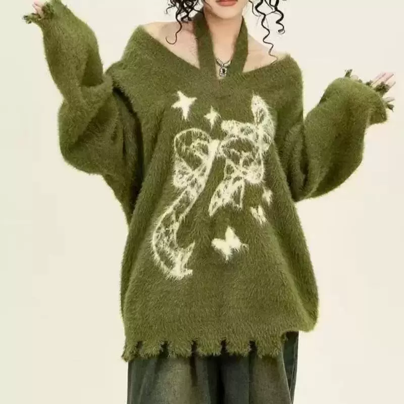 Oversized Velvet Knitted Sweater, Artificial Fur, American Style, Demi-Season, One Size