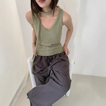 玟森online 韩系气质v领无袖针织背心女设计感上衣女配飘带PA2668