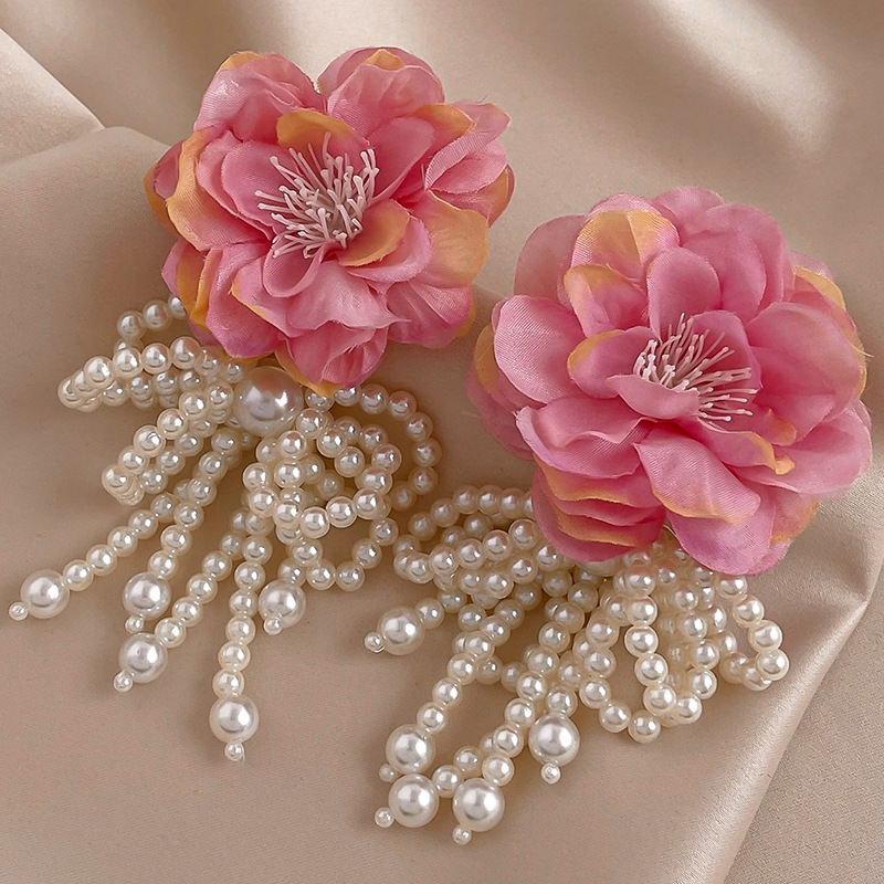 Flower Pattern 1 Pair Retro Flower Imitation Pearl Cloth Drop Earrings