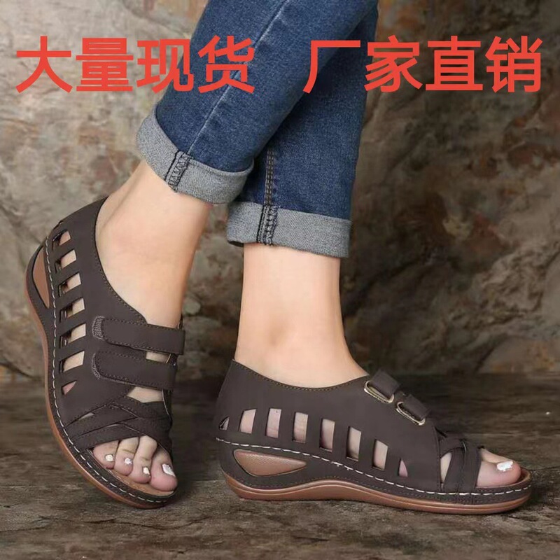 Cross-Border Large Size European and American Sandals 2020 New Style Swing Line Wedge Heel Cut Out Roman Fish Mouth Women's Sandals Export Wholesale