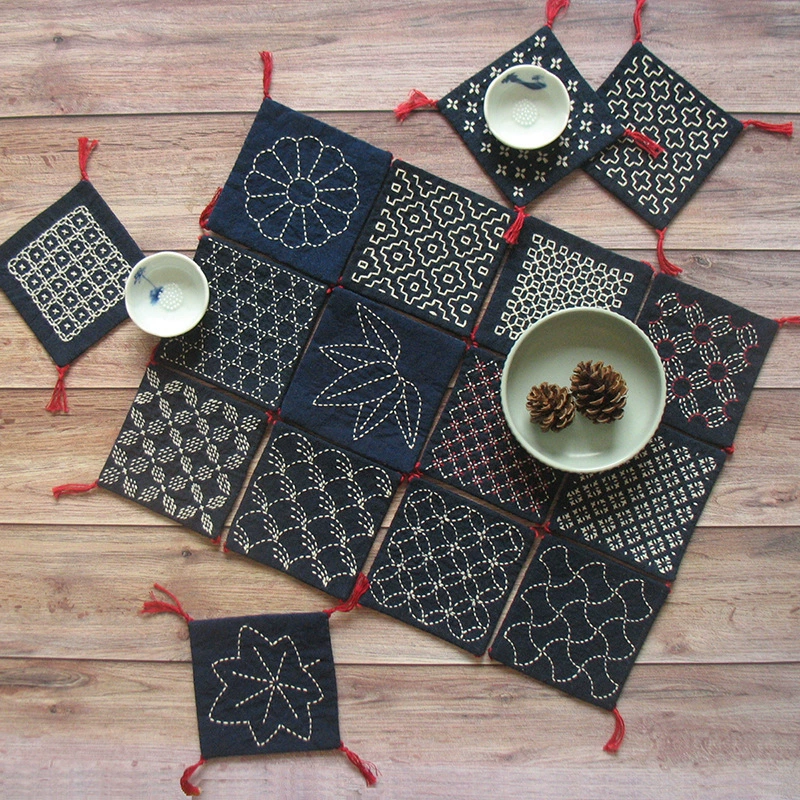 Набор материалов для вышивки Sashiko Coaster DIY 16 типов ткани ручной работы, окрашенной индиго, чайный художественный подарок. Купите два, получите один бесплатно.