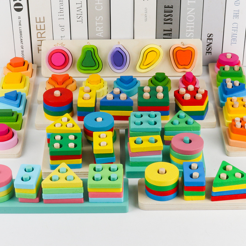 Early Education Educational Toys Wooden Four-Column Montessori Geometric Shape Cognitive Matching Blocks Stacking Game Cross-Border Early Education Educational Toys Wooden Four-Column Montessori Geometric Shape Cognitive Matching Blocks Stacking Game Cross-Border