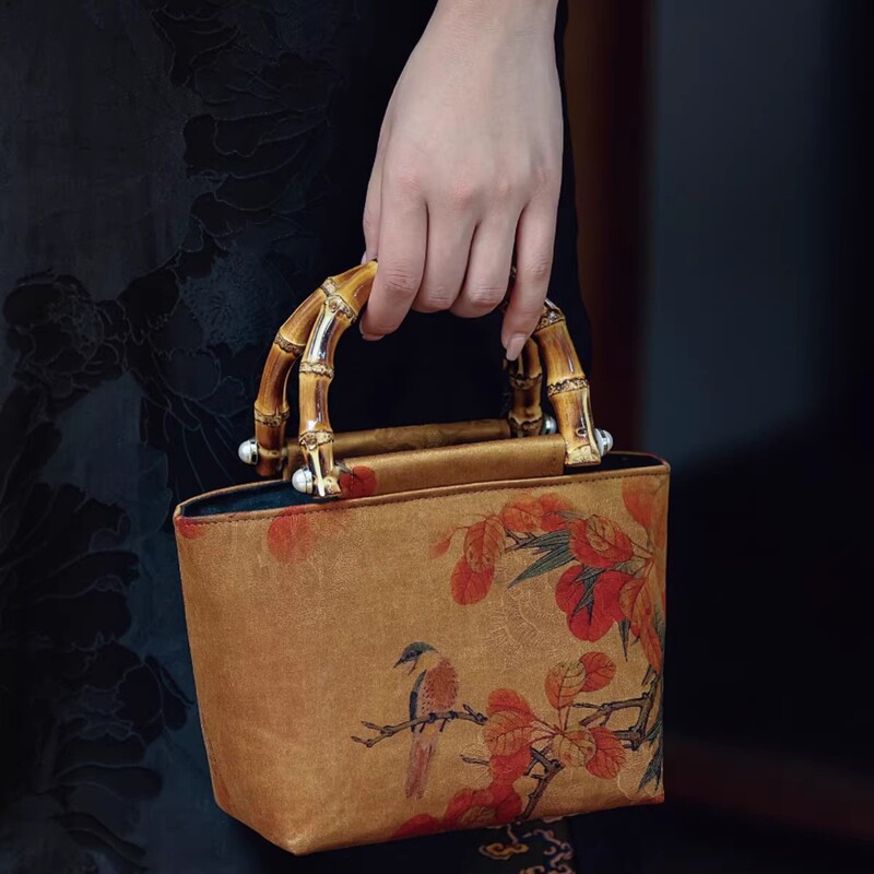 Original Xiangyun Silk Bamboo Handle Handbag, New Chinese Style Song Brocade National Style Retro Hanfu Bamboo Handle Handbag for Women