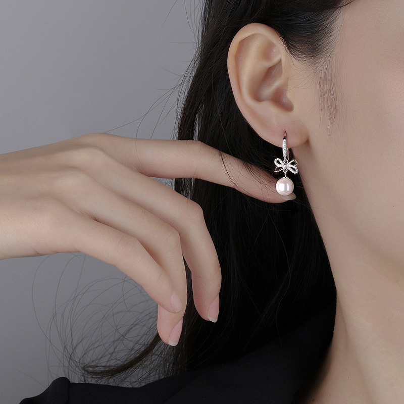 Difeng s999 Sterling Silver Bow Long Earrings Women's Autumn All-match Pearl Earrings High-end Sweet Ear Trendy