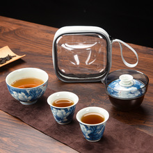 青花瓷快客杯茶具套装复古一壶三杯可logo节庆旅行商务礼品礼盒