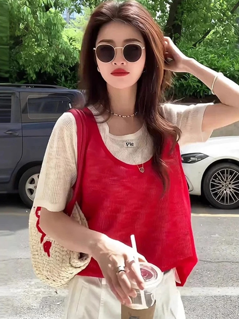Áo thun nữ hai lớp phối layer cổ tròn tay ngắn form rộng — đen