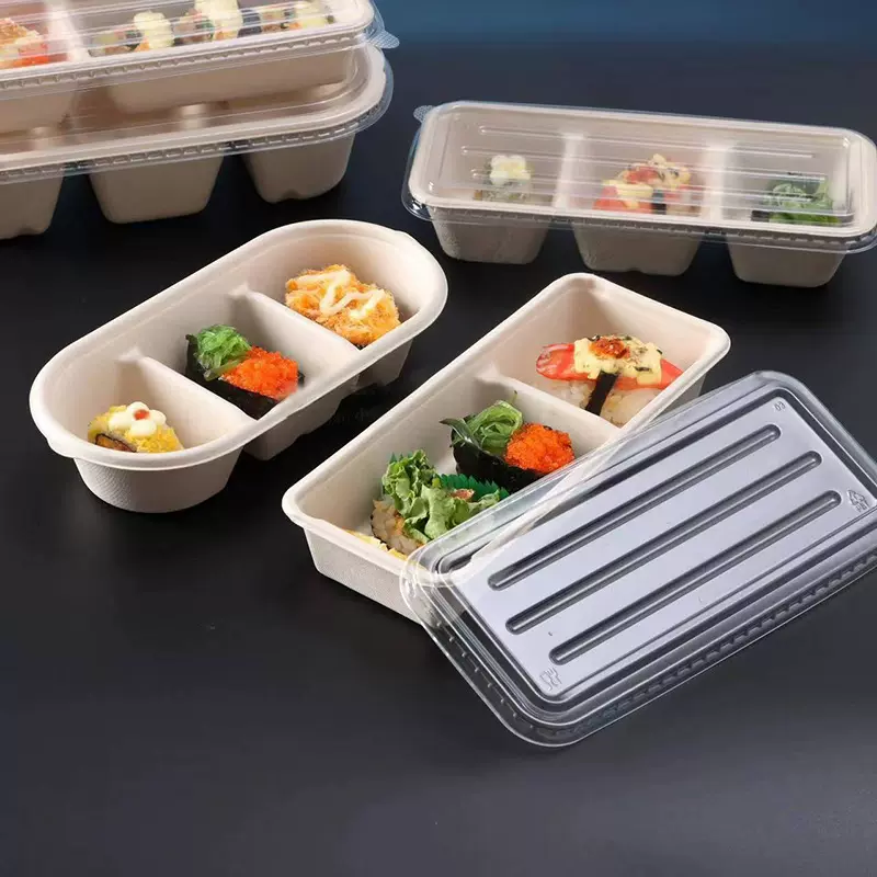 一次性环保可降解纸浆餐盒长条三格盒三味蛋糕盒日式寿司外卖打包