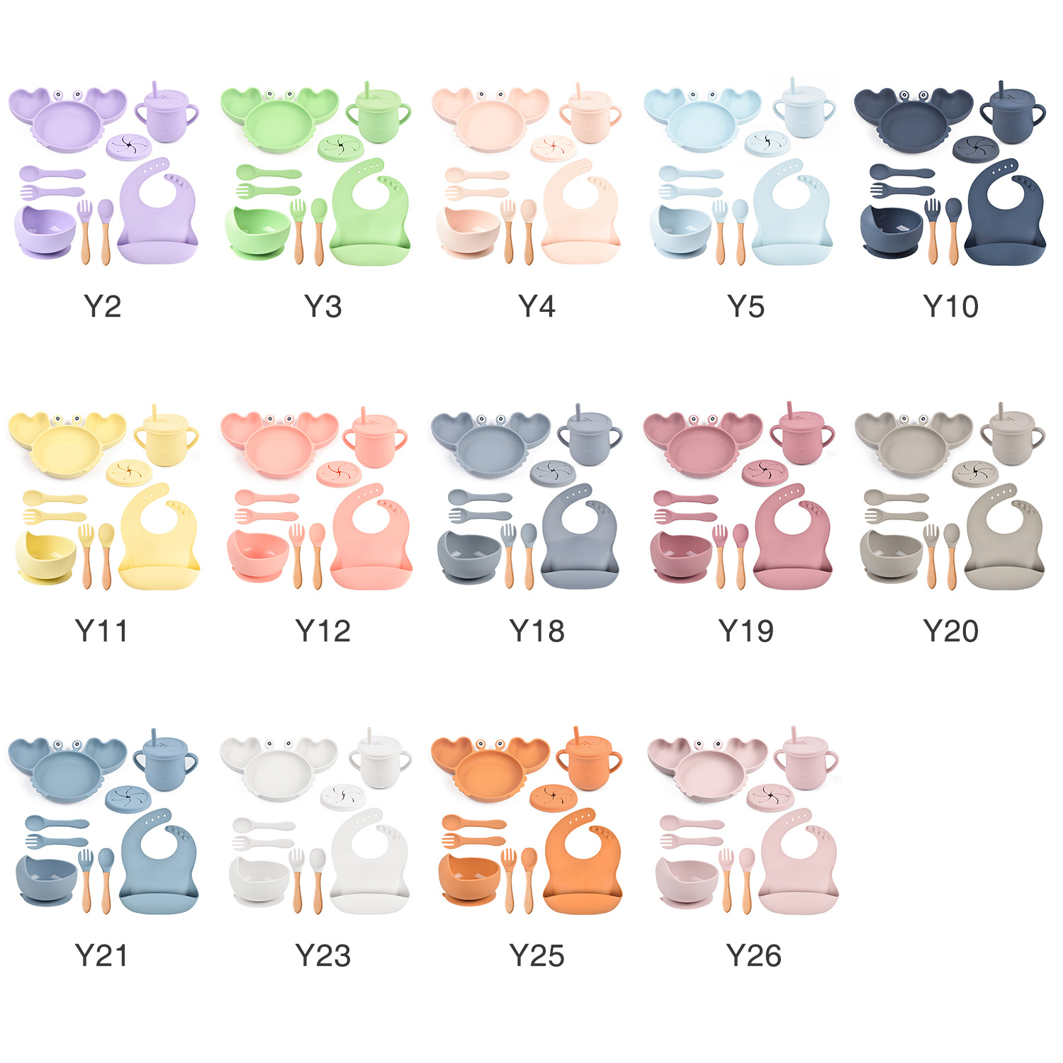 Set de vajilla para bebé de silicona de 9 piezas - Plato con forma de cangrejo, babero, plato dividido, cuchara, tenedor, taza