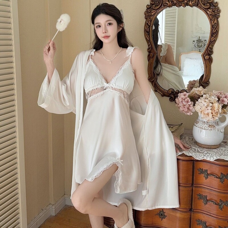 French Retro Girly Style Lace Pajamas, Spring Suspender Nightgown Set, Japanese Style Ice Silk Pajamas, Sexy and Alluring French Retro Girly Style Lace Pajamas, Spring Suspender Nightgown Set, Japanese Style Ice Silk Pajamas, Sexy and Alluring