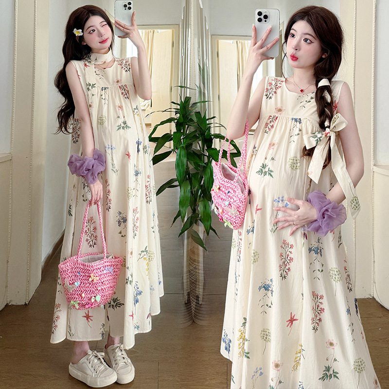 Internet Celebrity Elegant Mid-length Loose Pregnant Belly Covering Slim Floral Dress 2025 Summer New Maternity Dress dress