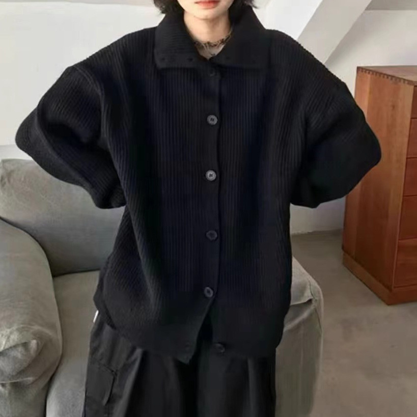 Übergroßer Strickcardigan – Pullover mit Button-Down-Kragen und offener Vorderseite (Schwarz/Grau/Beige, Einheitsgröße)_voghion.com