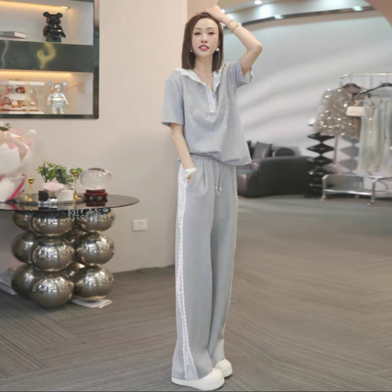 2025 summer new wear with age-reducing slimming fashion casual sports lace short sleeve pants a whole suit women 2025 summer new wear with age-reducing slimming fashion casual sports lace short sleeve pants a whole suit women