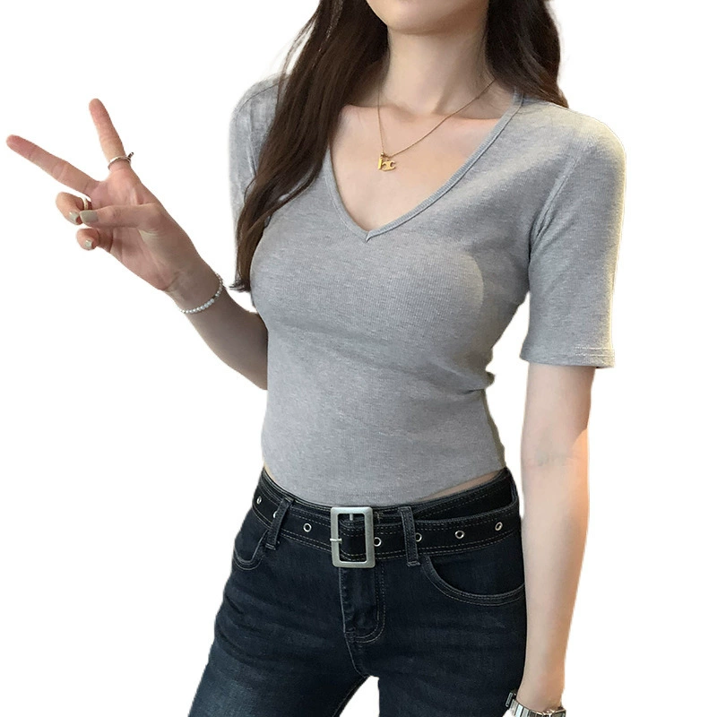 Летняя футболка с коротким рукавом, V-образный вырез, slim fit