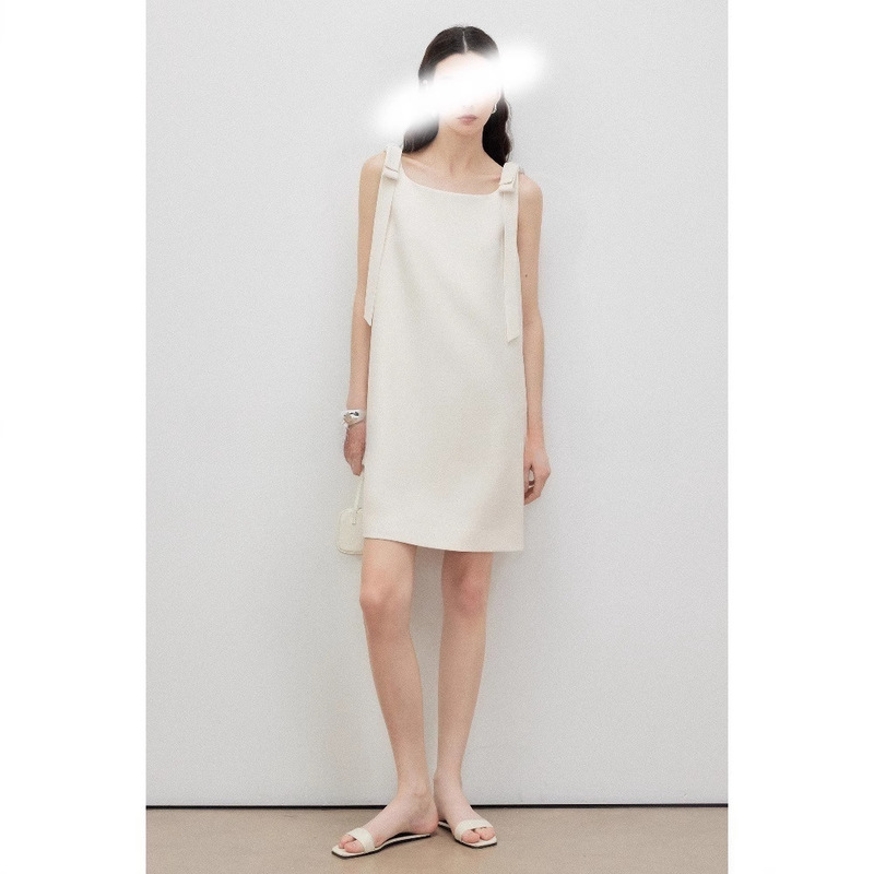 New Summer Style: Refreshing and Cool Boat-Neck Twill Dress with Bow and Ribbon, Sleeveless, Recommended for Petite Sizes