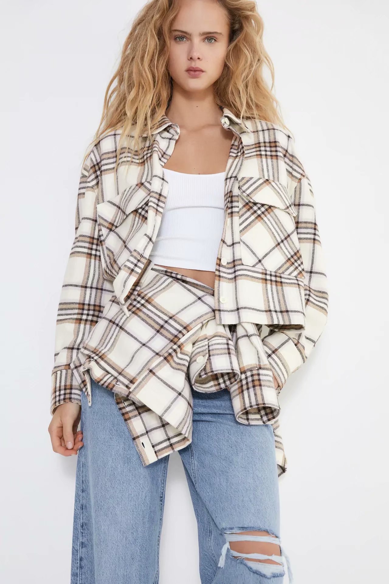 patched big pockets plaid shirt top  NSAM36379