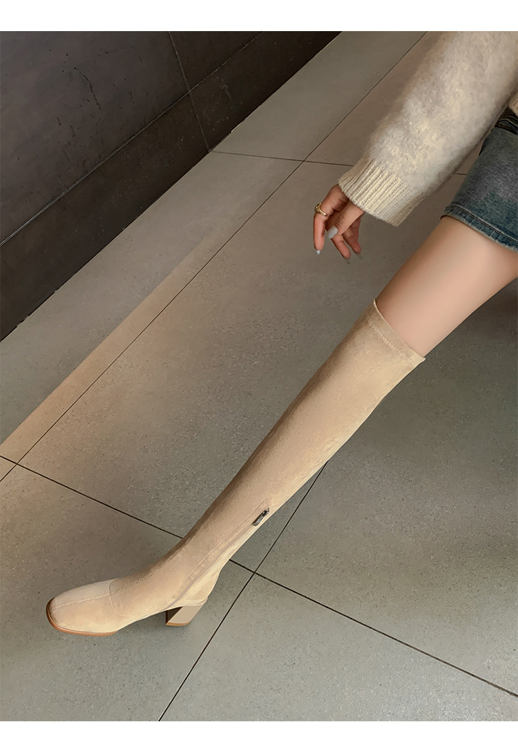Boot nữ cổ cao ôm chân co giãn da lộn gót cao 9 cm — đen, mơ chi tiết 23