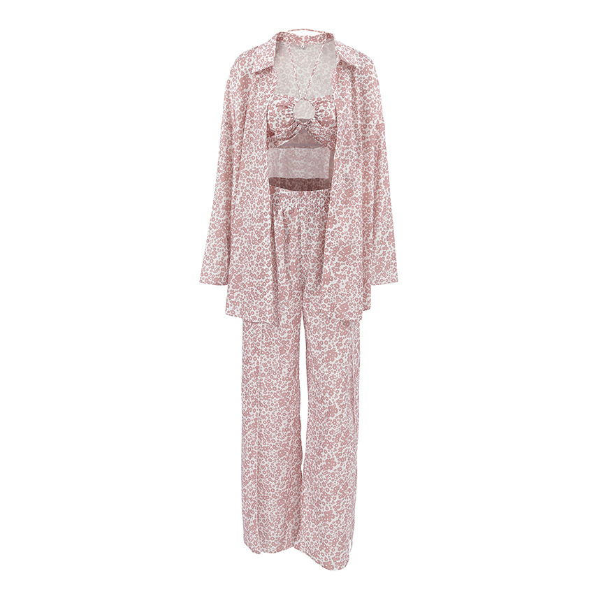 Verano nueva ropa interior de pijama de damas pantalones cortos abrigo de tres piezas conjunto de alta calidad impresión de seda suelta ropa para el hogar