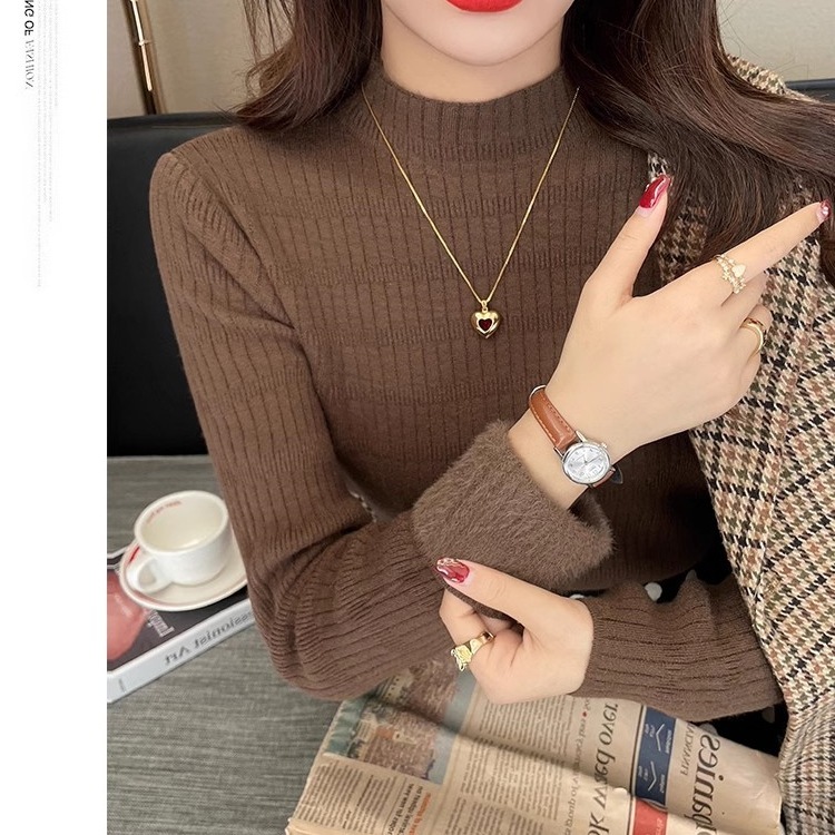 秋冬加绒毛衣女打底衫半高领加厚保暖内搭一体水貂绒针织白色上衣|undefined