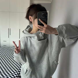美式连帽加绒卫衣外套女秋冬oversize重磅加厚韩版新款设计感开衫