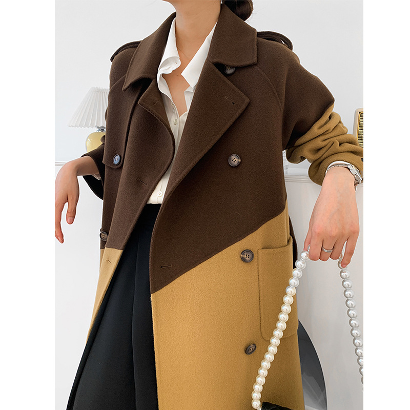Women's Contrast Stitching Mid-length Woolen Coat Jacket Image 2