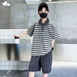 男童夏季套装2024新款儿童条纹POLO衫酷帅短袖中大童洋气两件套潮