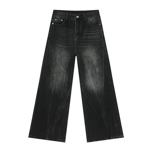 Nirben Denim | American Retro Distressed Streetwear Men's Water Wave Print Trend Brand Loose Straight Leg Wide Pants