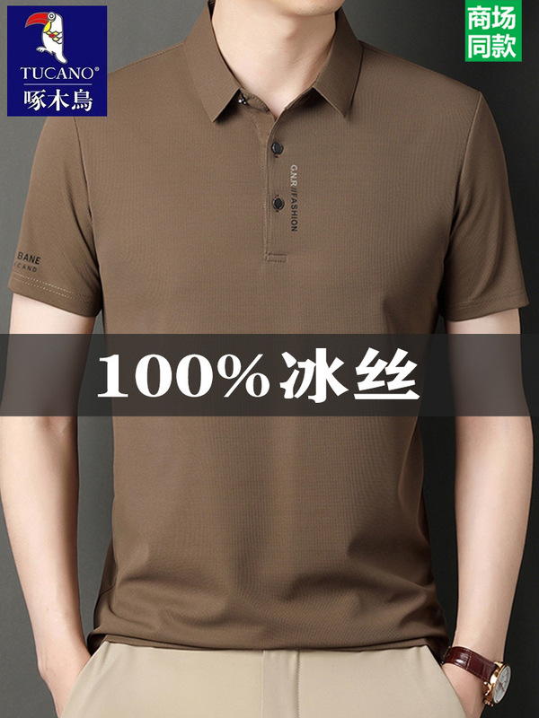 キツツキアイスシルクメンズ半袖Tシャツ夏の新しいラペルルーズカジュアルアイスシルクポロTシャツトレンディ|undefined