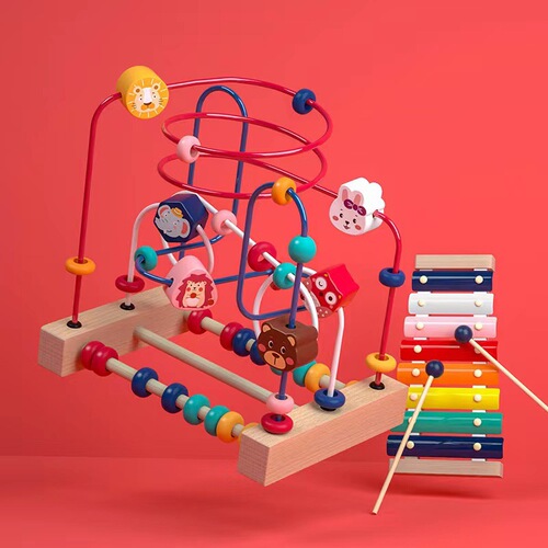 Baby and Toddler Animal Fruit Bead Stringing Educational Toy Wooden Xylophone Transformable Worm Rainbow Tower for Boys and Girls