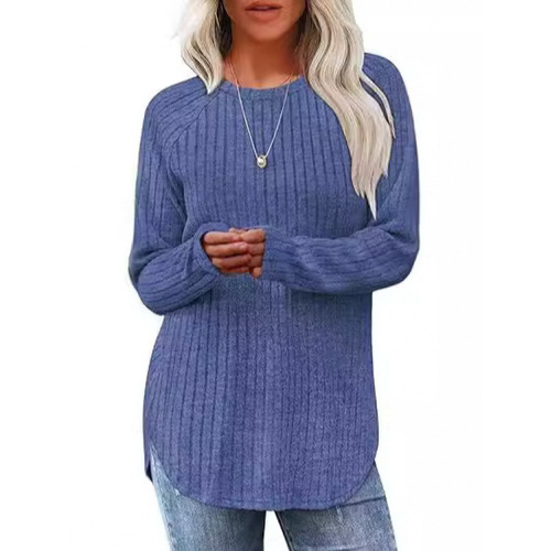 Independent station, Europe and America autumn and winter new style, sanding pit strip, round collar, curved hem, pure color, long sleeves