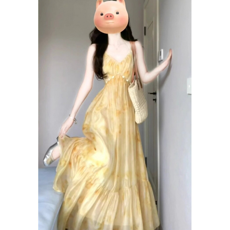 高级感黄色碎花吊带连衣裙子女夏季2025新款海边度假法式气质长裙|undefined