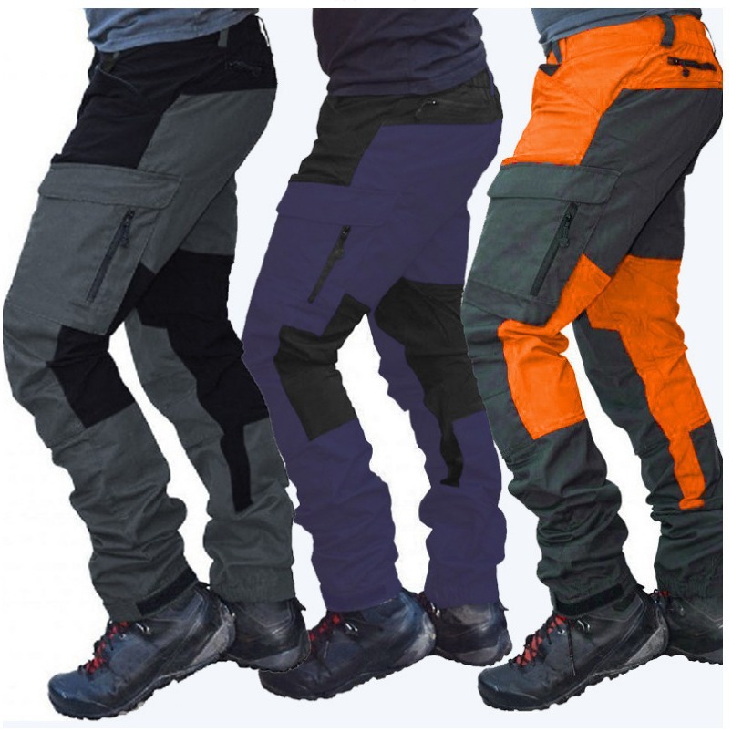 Cross-Border New Slim-Fit Outdoor Sports European and American Motorcycle Casual Multi-Pocket Color-Block Cargo Pants for Men