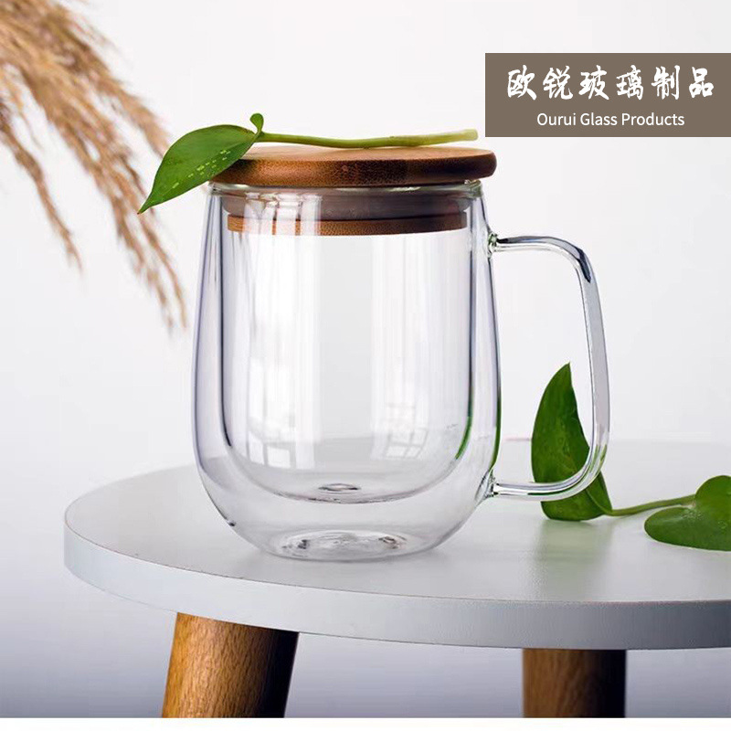 Taza de vidrio recta de doble capa Taza de leche de vidrio transparente con tapa Taza de café con aislamiento térmico de doble capa Taza de té de gran capacidad