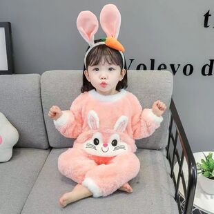 Girls' Pajamas Flannel Baby's Pajamas Children's Autumn and Winter Home Clothes Long Sleeve suit Thick Velvet Warm Two-piece Set