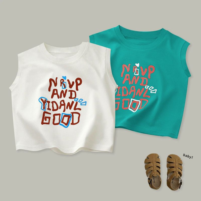 Stylish and trendy summer vest for boys and girls, featuring letter prints, made of pure cotton, sleeveless T-shirt.