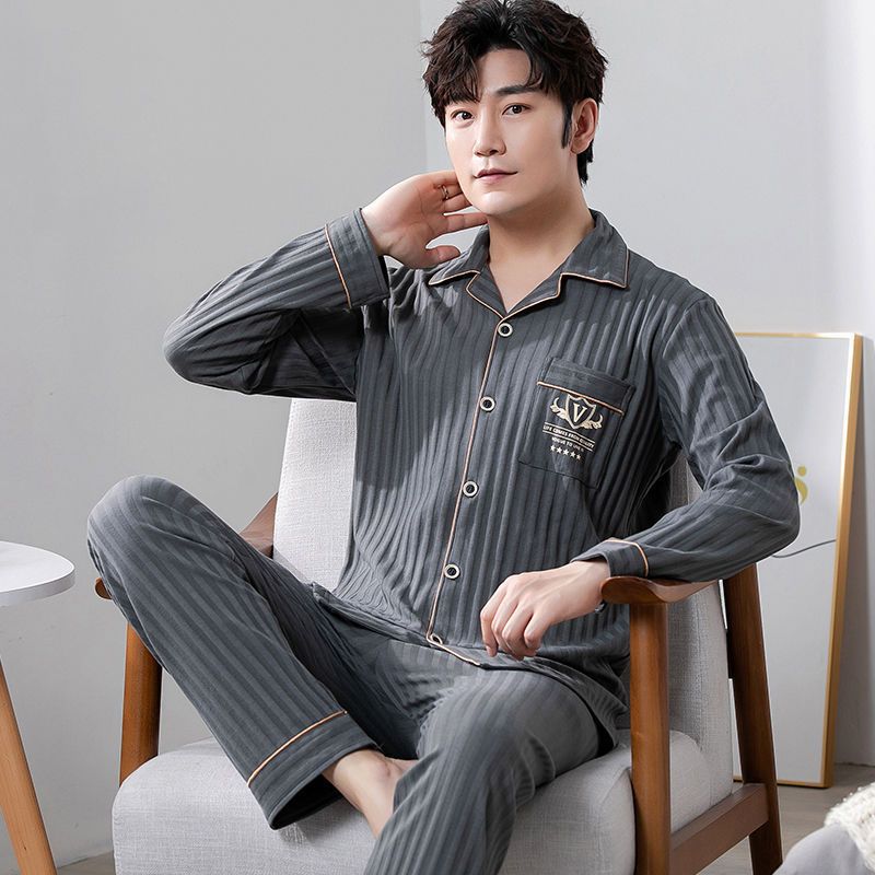 Pajamas de algodón extra grande primavera y otoño hombres cardigans de manga larga juventud de mediana edad ropa de hogar simple y suelta