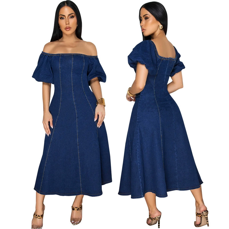 218687 трансграничная женская одежда новый джинсовый резиновый U-образный воротник с короткими рукавами длинное платье источник фабрики прямых продаж