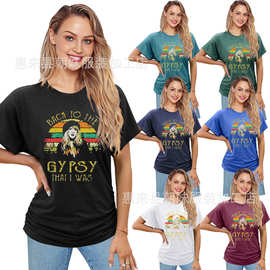 定制欧美跨境独立站亚马逊2025新款彩棉印花圆领宽松T恤女上衣