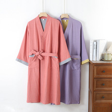 新款纯棉双层纱布女士和服睡袍春秋夏季薄款宽松七分袖中长款浴袍