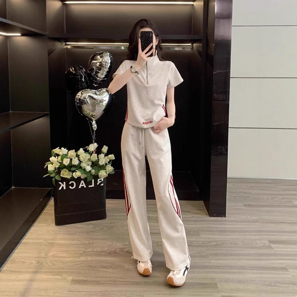2025년 신상 여성 캐주얼 스포츠 슈트, 연령 감소 및 슬리밍 반팔 상의, 와이드 팬츠, 여름옷, 완전한 세트