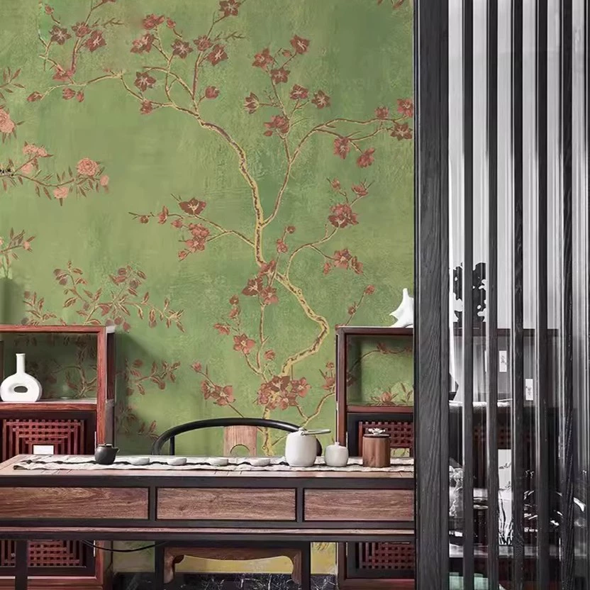 Wall mural wallpaper, green Chinese‑style flowers and birds, seamless TV background, multiple materials