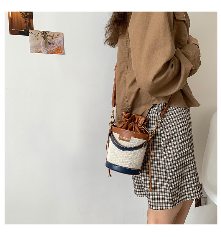 Sewing Thread Fashion Element Women's Medium Pu Leather Color Block Streetwear Sewing Thread Bucket String Bucket Bag
