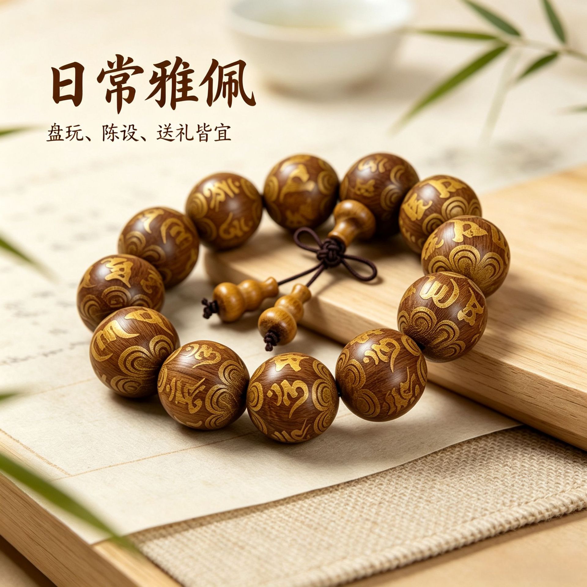 批发黄金檀精工雕刻藏文六字手串佛珠盘玩文玩男女士民族风时尚