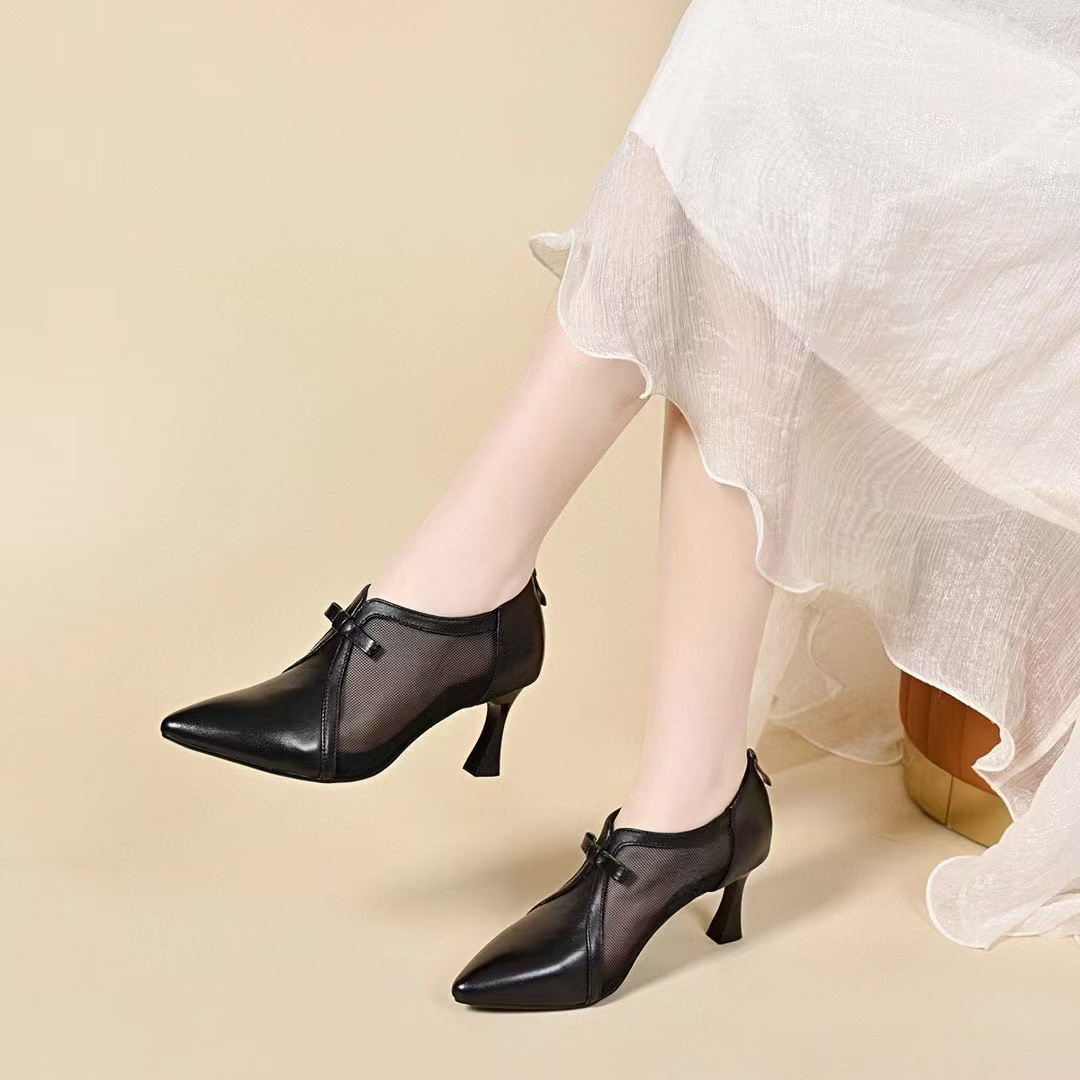 Giày cao gót nữ mũi nhọn lưới da thật gót vừa thoáng khí — đen chi tiết 1