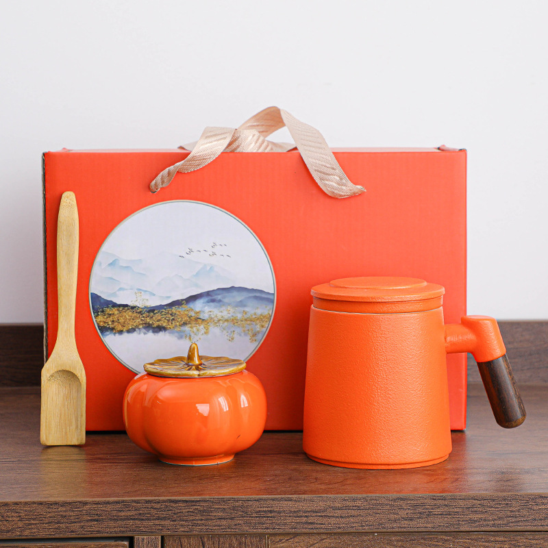 Creative Ceramic Office Cup with Wooden Handle, Lid, Tea Separation Filter Cup, Gift Box, Business Gift, Handout Gift