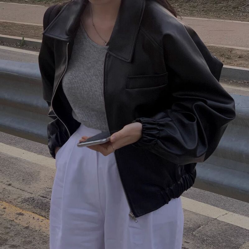 短款皮衣外套女春秋2025新款韩版宽松小众休闲百搭翻领长袖上衣女|undefined