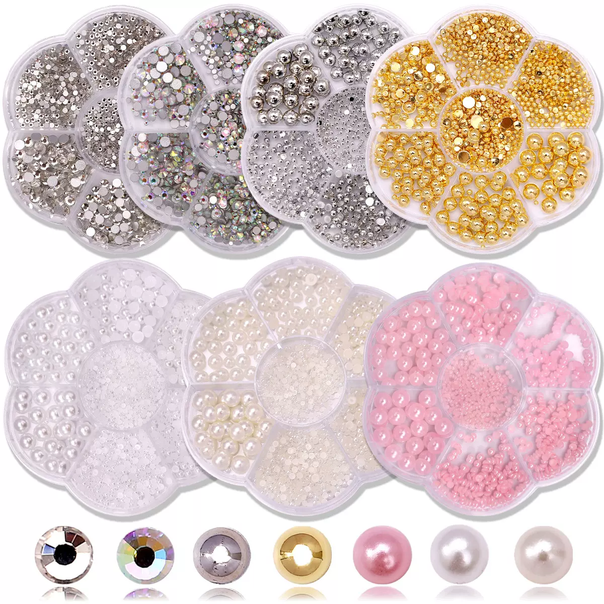 跨境爆款新品7格彩色半圆美甲饰品珍珠混大小尺寸 美甲装饰品套装