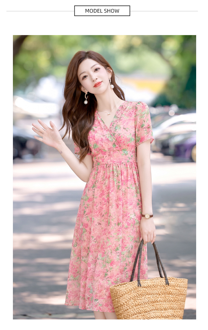 Đầm maxi nữ thắt eo họa tiết hoa nhí cổ V xếp ly tay ngắn — xanh lam, Màu hồng, màu vàng chi tiết 7