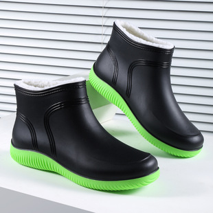 Low-top One-piece Velvet Rain Boots Men's Short-tube Non-slip Waterproof Chef's Work Boots Warm-keeping Site Wear-resistant Rubber Shoes for Winter