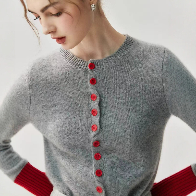 Designed Age-Reducing Color-Blocked Soft Waxy Cashmere Knitted Cardigan Women's Round Neck Long-Sleeved Slim Sweater Jacket